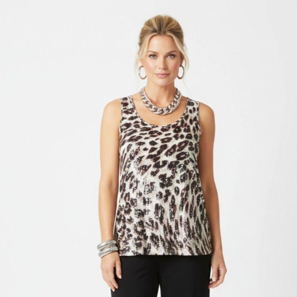 Chico’s Animal Print White Sequins Sleeveless Tank Top 2 L 12